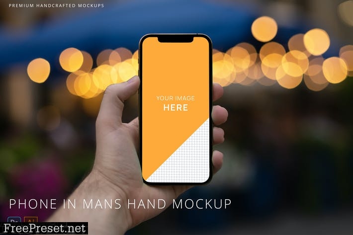 iPhone 12 Pro in Mans Hand Mockup with Bokeh