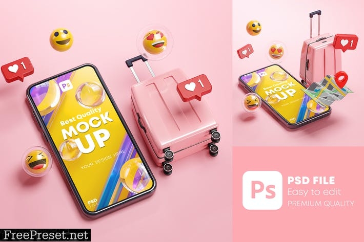 Phone Mockup Pink Suitcase Emoji Travel Online 3D NFU4CYM