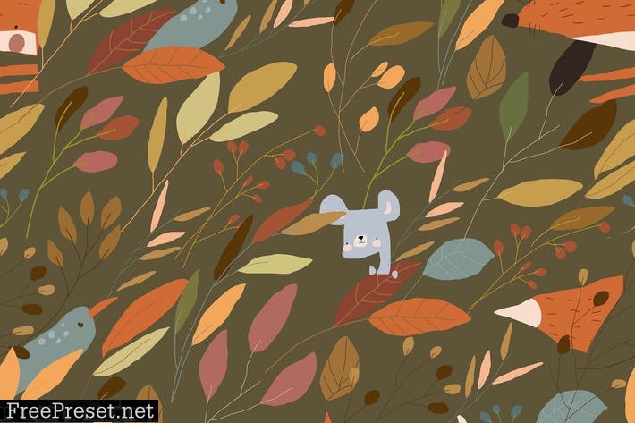 Vector Seamless Pattern with Animals in Autumn