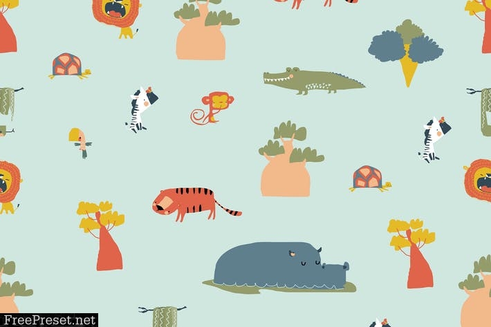 Vector Seamless Pattern with Wild Jungle Animals GJ5W8TG