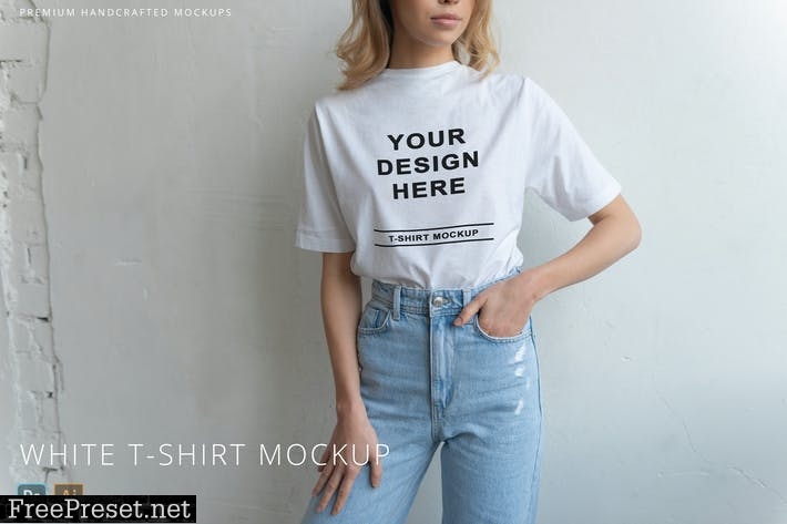 Download White T-Shirt on Person Mockup White Background JKNC3BM