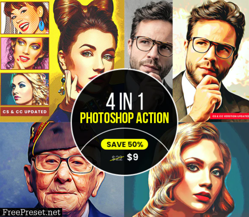 4 in 1 Cartoon Oil Painting PS Action Bundle 33521544