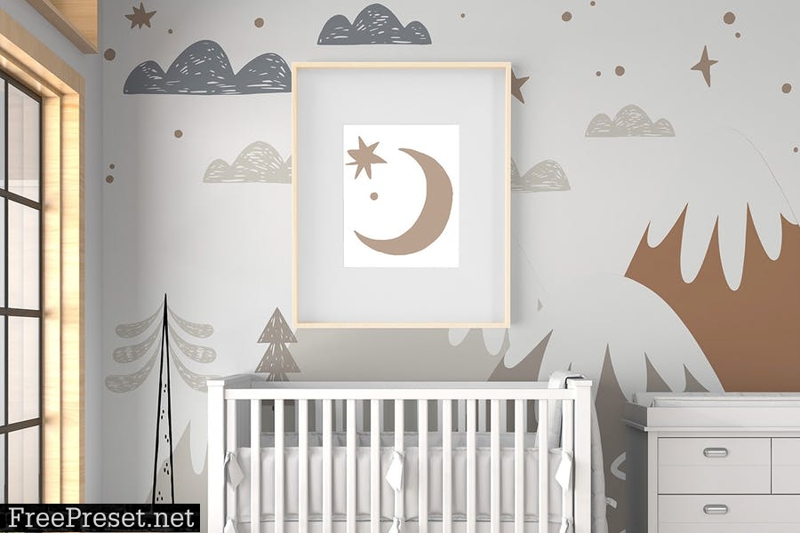 Baby Room with Mural Wall and Frames Mockup C83UZKH