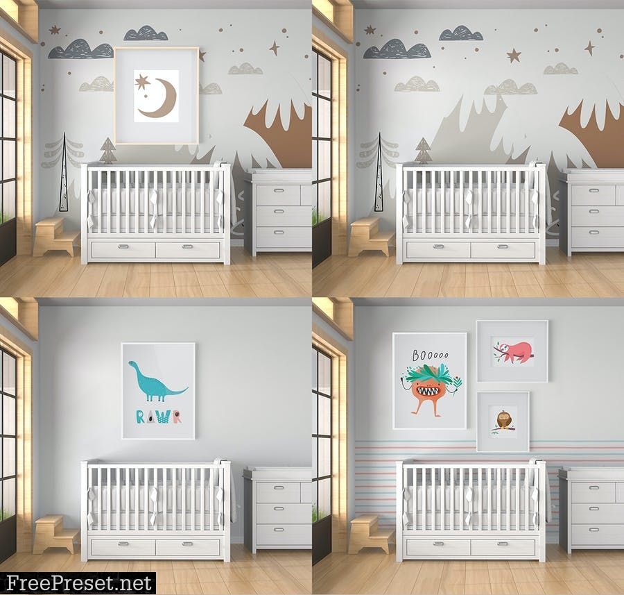 Baby Room with Mural Wall and Frames Mockup C83UZKH