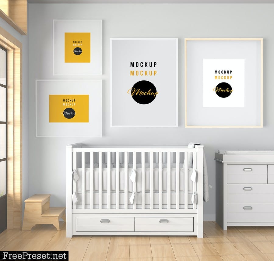 Baby Room with Mural Wall and Frames Mockup C83UZKH