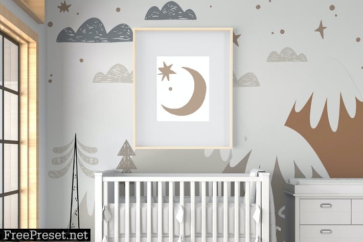 Baby Room with Mural Wall and Frames Mockup C83UZKH