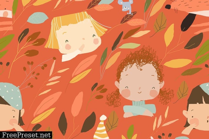 Vector Seamless Pattern with Kids Faces and Animal 4JM7L9P