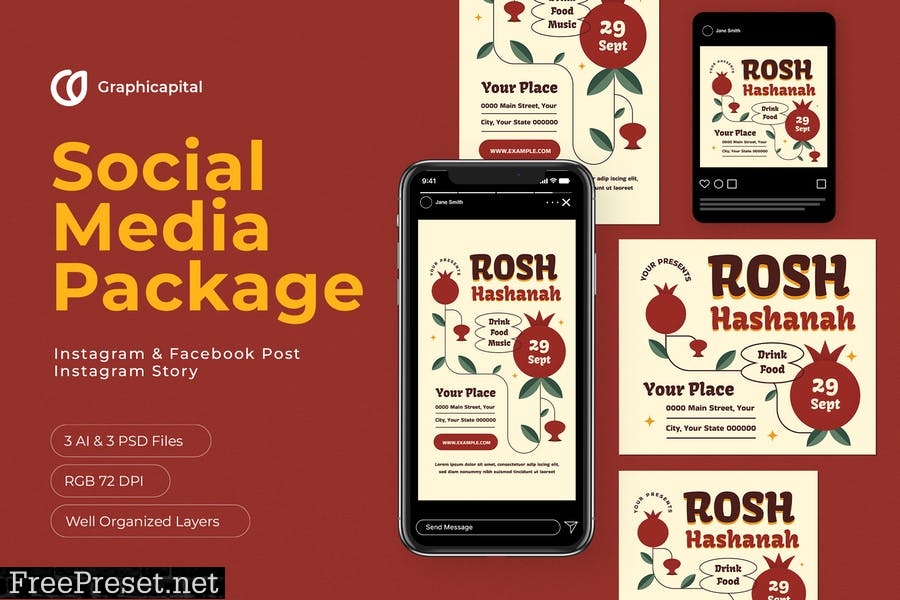 Red Floral Rosh Hashanah Social Media Package BRRR8YS