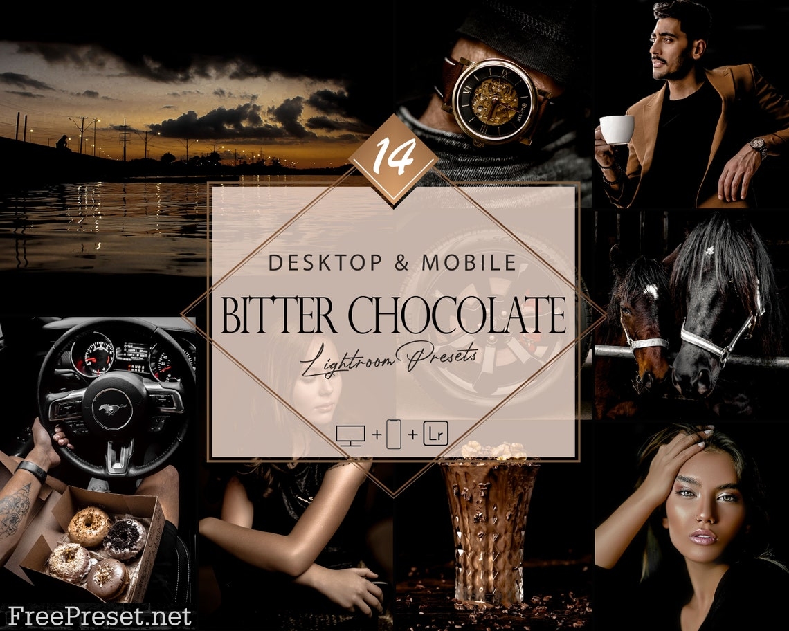 14 Bitter Chocolate Lightroom Presets, Brown Preset, Moody Desktop LR Filter, DNG Portrait Lifestyle