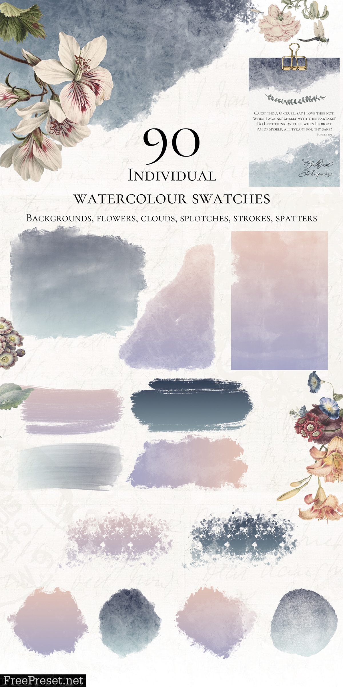 90 Watercolor Swatches Pack - Hi-Res Watercolor Paint Wash