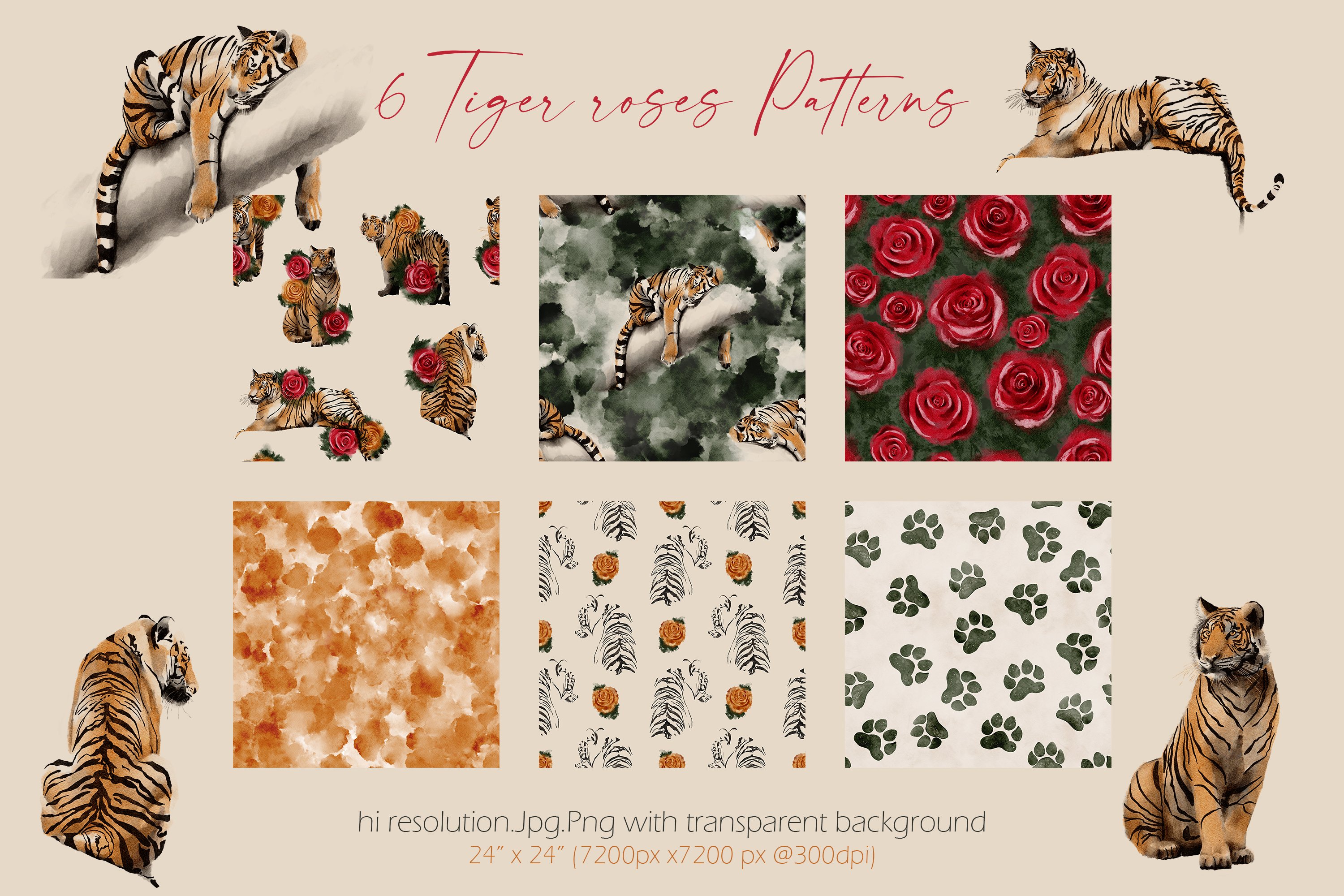 Tigers & Roses watercolor collection 6941142Tiger . Roses is a unique collection of wild tigers and elegant roses illustrations and patterns to add a unique touch to your project.  This collection can be used in wall art, wallpaper, home decor, fabric collection, stationary, bedding, packaging, wedding branding and much more.  The collection includes:  6 seamless patterns 24