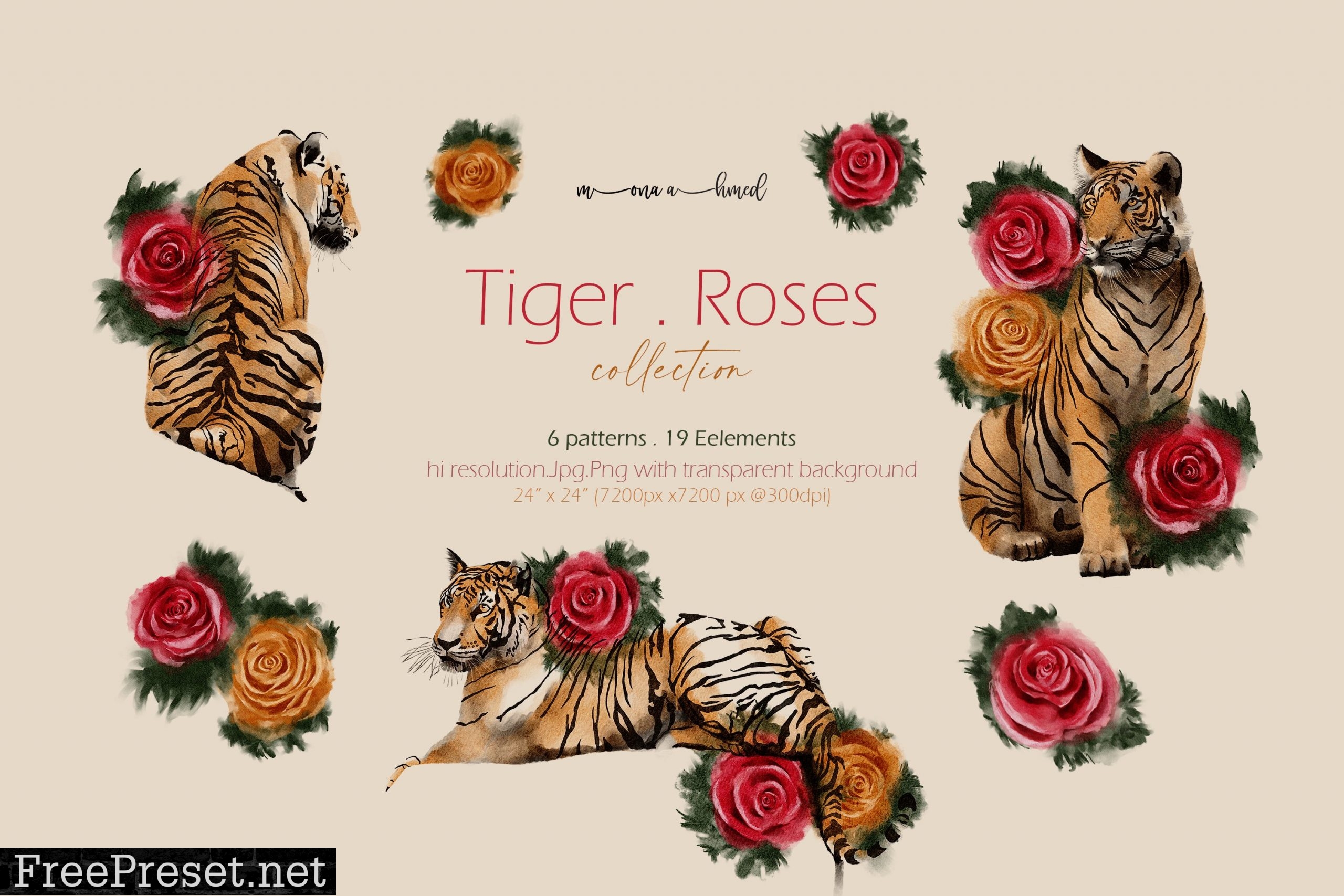 Tigers & Roses watercolor collection 6941142Tiger . Roses is a unique collection of wild tigers and elegant roses illustrations and patterns to add a unique touch to your project.  This collection can be used in wall art, wallpaper, home decor, fabric collection, stationary, bedding, packaging, wedding branding and much more.  The collection includes:  6 seamless patterns 24" x 24" @ 300 dpi ( jpg, png with transparent background) 7 roses illustration ≈ 3600px 4800px @ 300 dpi (png with transparent background) 6 tiger and roses composition ≈ 3600px 4800px @ 300 dpi (png with transparent background) 6 tigers illustration ≈ 3600px 4800px @ 300 dpi (png with transparent background)