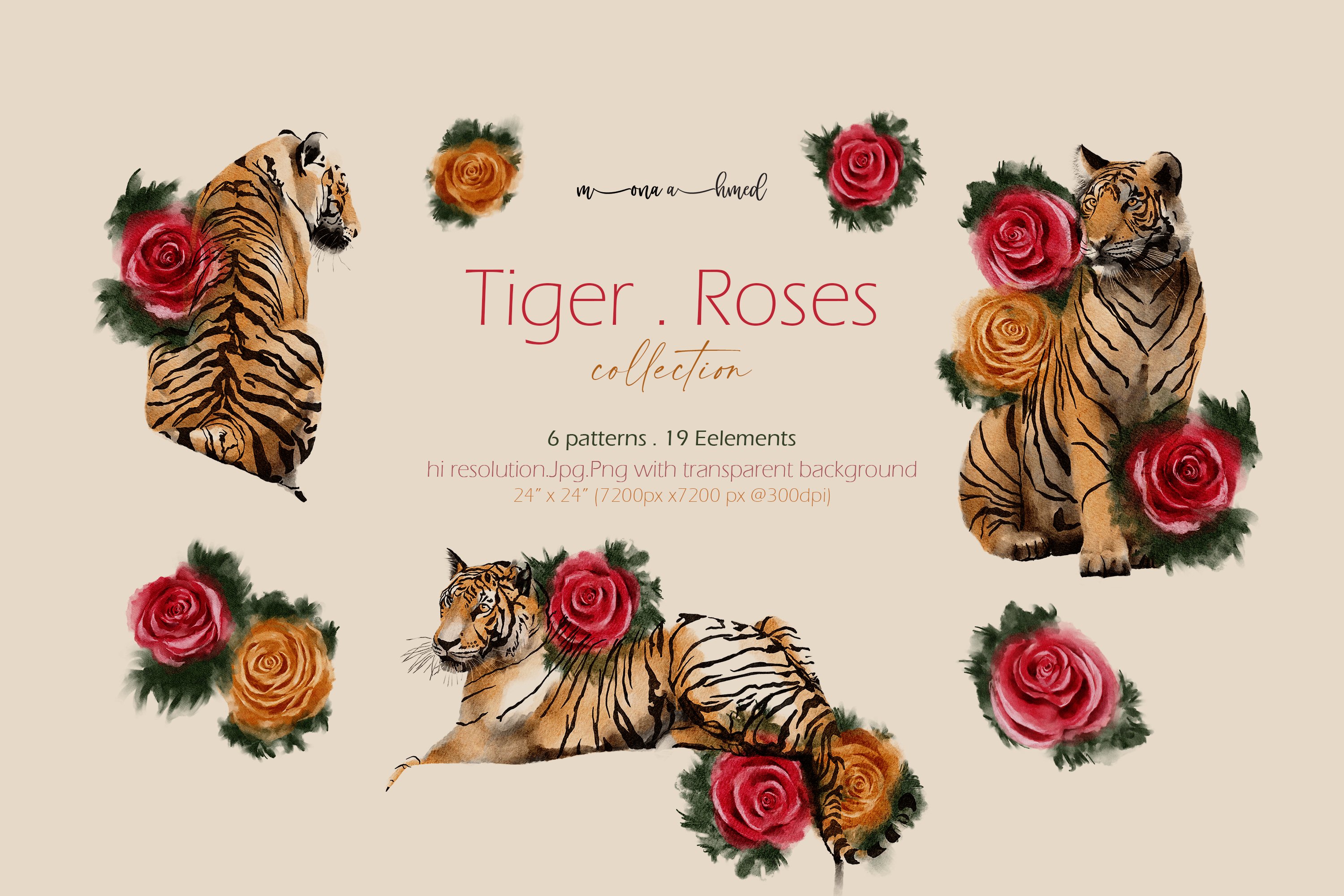 Tigers & Roses watercolor collection 6941142Tiger . Roses is a unique collection of wild tigers and elegant roses illustrations and patterns to add a unique touch to your project.  This collection can be used in wall art, wallpaper, home decor, fabric collection, stationary, bedding, packaging, wedding branding and much more.  The collection includes:  6 seamless patterns 24