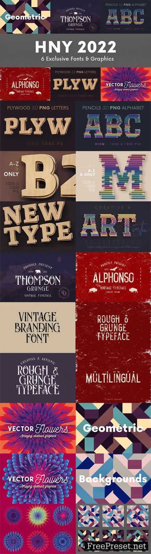 2022 Design Resources Collection Vol.2 - 6 Exclusive Fonts & Graphics