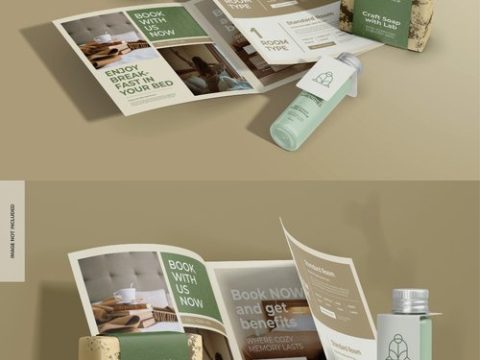 Bathroom kit with tri fold brochure mockup