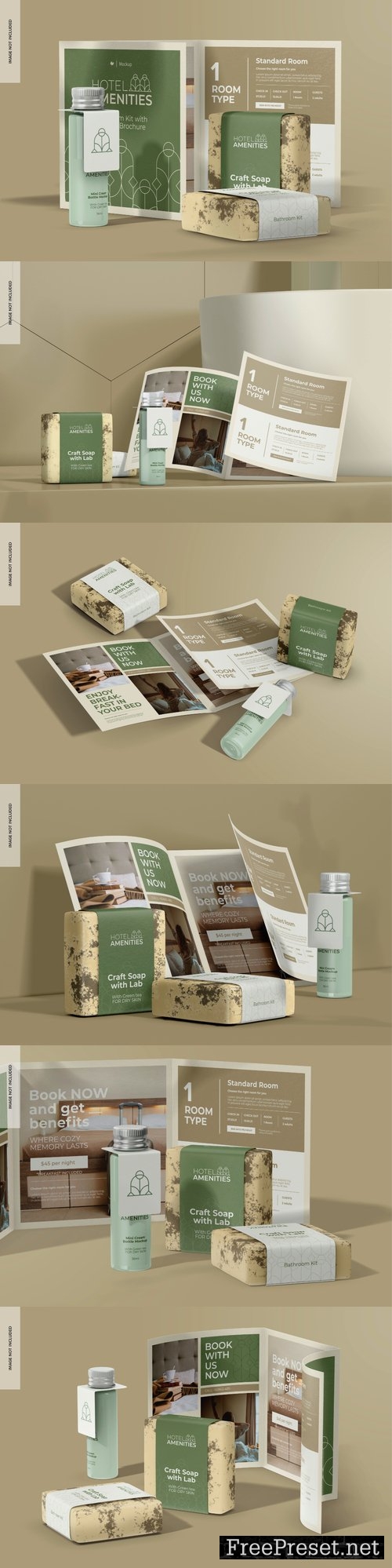 Bathroom kit with tri fold brochure mockup