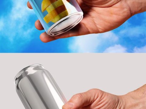 Glossy Tin Can In Hand PSD Mockup Template