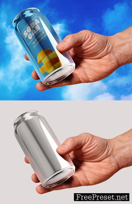 Glossy Tin Can In Hand PSD Mockup Template