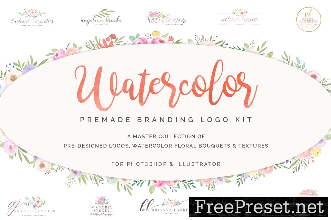 Watercolor Premade Branding Logo Kit
