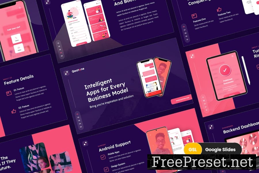 Qeatone - Mobile App & SAAS Google Slides Template R4EMFKC