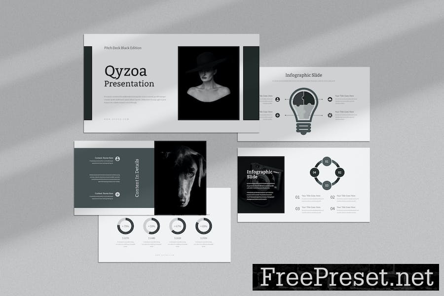 Qyzoa : Pitch Deck Black Google Slides Template E3NTSU3