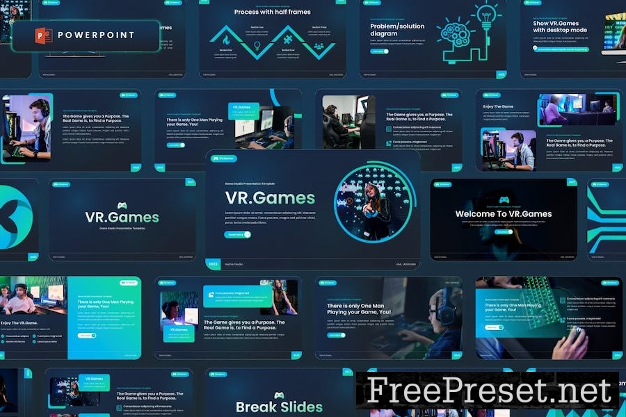 VR Games - Gaming Studio Powerpoint Template ZRQNVBE