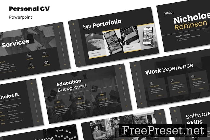 Dark Theme Personal CV - Powerpoint Template WH77CE3