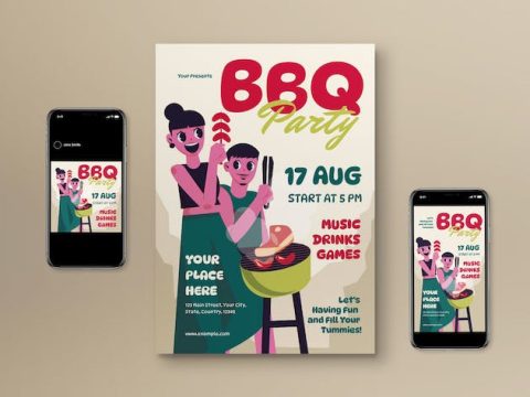 Beige Flat Design BBQ Party Flyer Set NGUCJJN