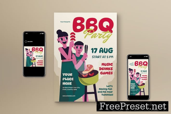 Beige Flat Design BBQ Party Flyer Set NGUCJJN