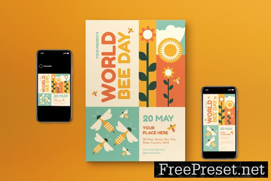 Beige Flat Design World Bee Day Flyer Set TFFDDK4