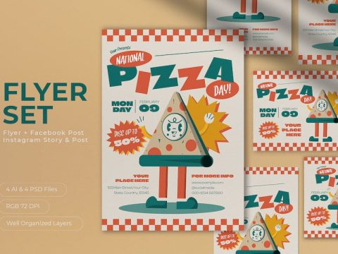 Beige Retro National Pizza Day Flyer Set T2UGE55