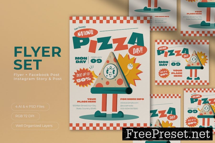 Beige Retro National Pizza Day Flyer Set T2UGE55