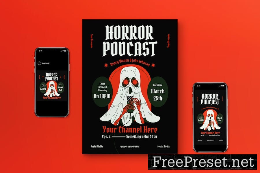 Black Vintage Horror Podcast Flyer Set M3DHCGX