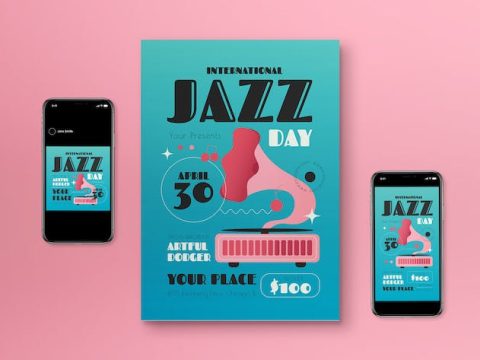 Blue Flat Design International Jazz Day Flyer Set G7UKUYB