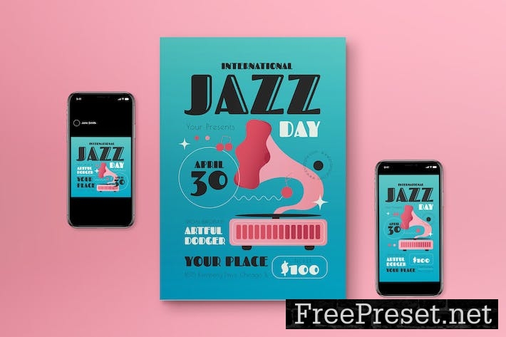 Blue Flat Design International Jazz Day Flyer Set G7UKUYB