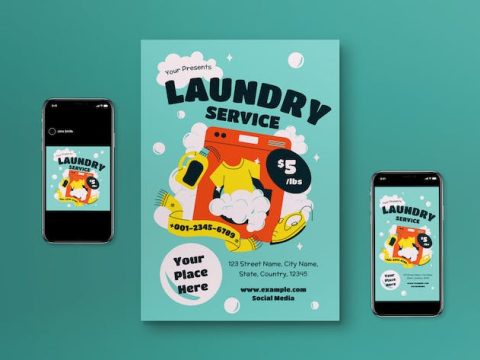 Blue Flat Design Laundry Service Flyer Set