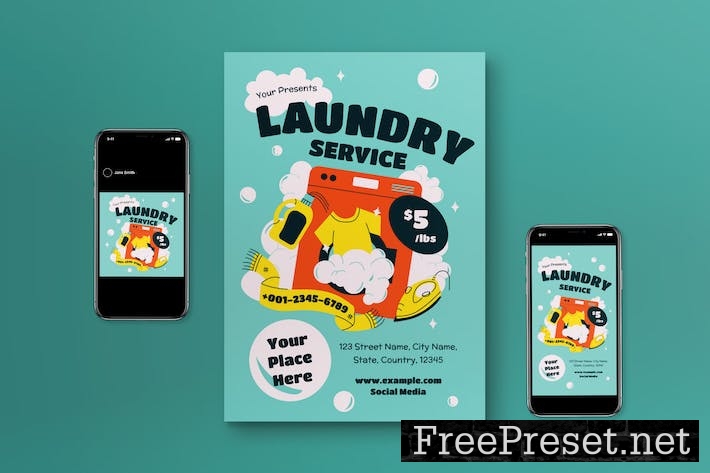 Blue Flat Design Laundry Service Flyer Set