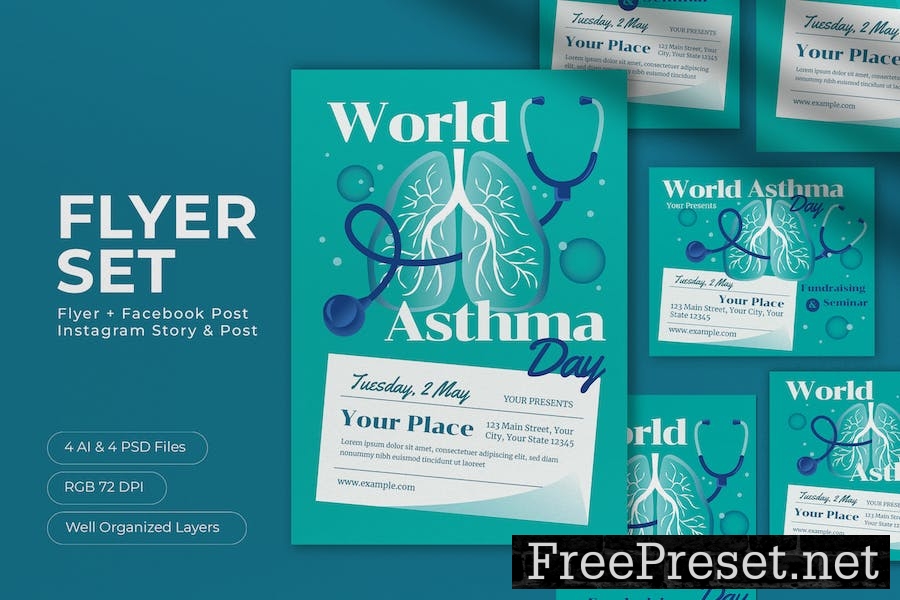 Blue Flat Design World Asthma Day Flyer Set QSXGJ7X