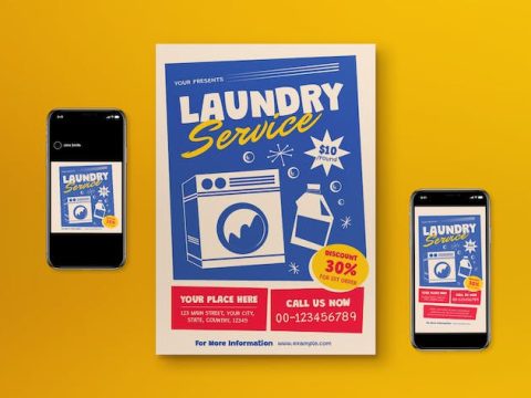 Blue Mid Century Laundry Service Flyer Set KDD5XX3