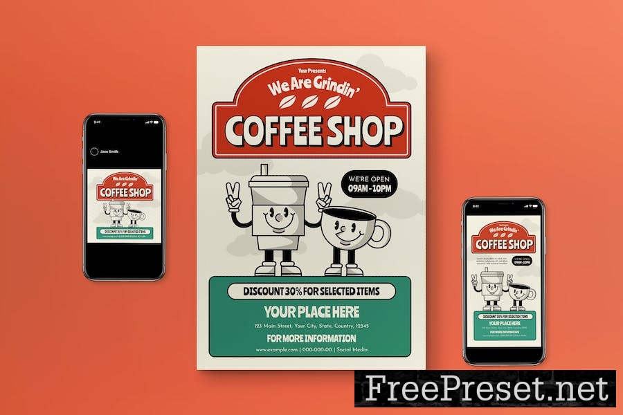 Brown Flat Design Coffee Shop Flyer Set