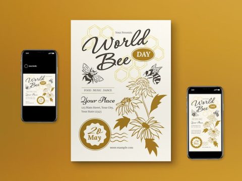 Cream Hand Drawn World Bee Day Flyer Set Z3AHJWG