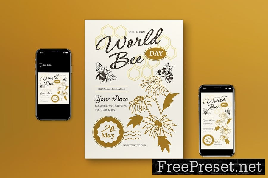 Cream Hand Drawn World Bee Day Flyer Set Z3AHJWG