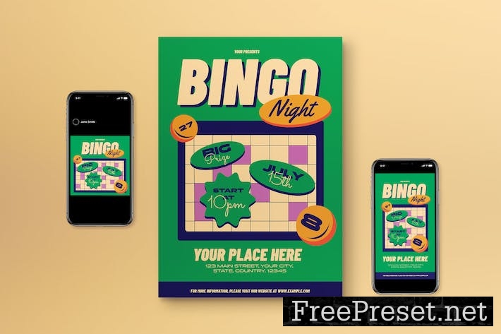 Green Flat Design Bingo Night Flyer Set NLSM33X