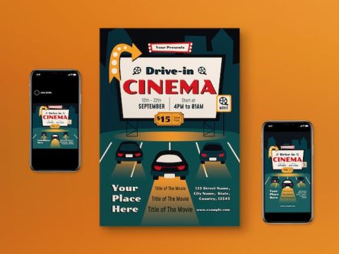 Green Flat Design Drive In Cinema Flyer Set 2MNSELJ