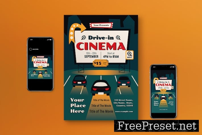 Green Flat Design Drive In Cinema Flyer Set 2MNSELJ