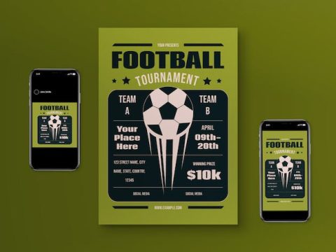 Green Flat Design Football Tournament Flyer Set