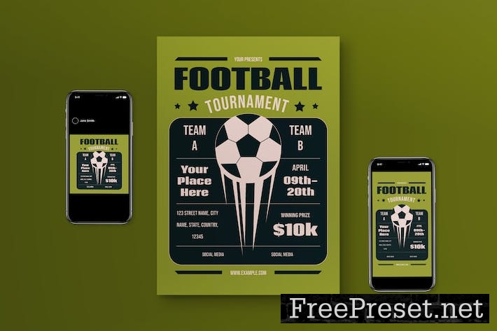 Green Flat Design Football Tournament Flyer Set