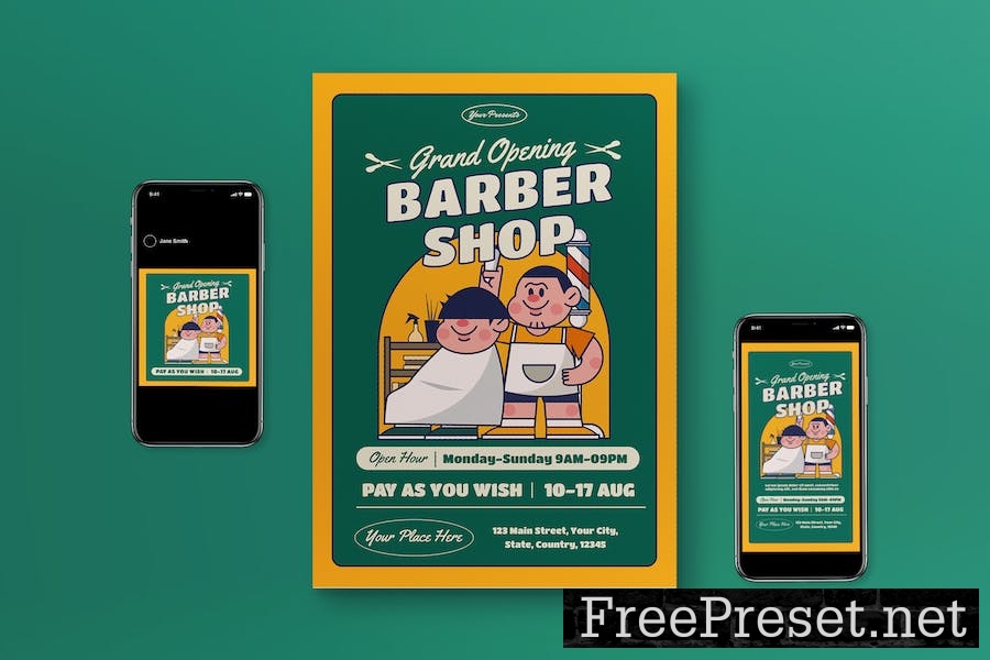 Green Grand Opening Barbershop Flyer Set S554E2J