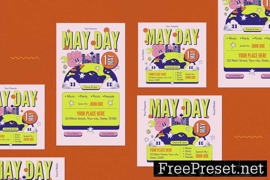 Green Retro May Day Flyer Set AHGEXB9