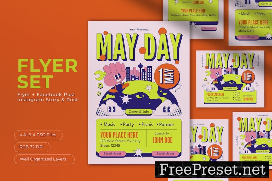 Green Retro May Day Flyer Set AHGEXB9